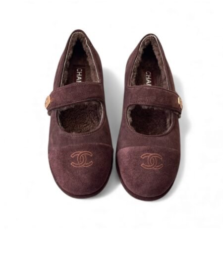 Chanel Mary Jane Flats Burgundy Suede Shearling For Women