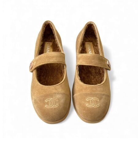 Chanel Mary Jane Flats Tan Suede Shearling For Women