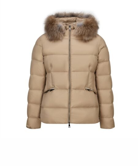 Moncler Boed Hooded Shearling-Trimmed Short Down Jacket Beige For Women