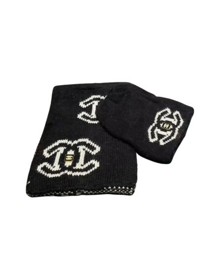 Chanel Knit Beanie & Scarf Set CC Logo Black