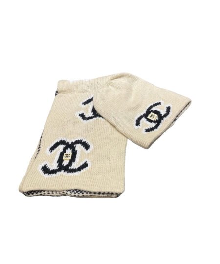 Chanel Knit Beanie & Scarf Set CC Logo Invory