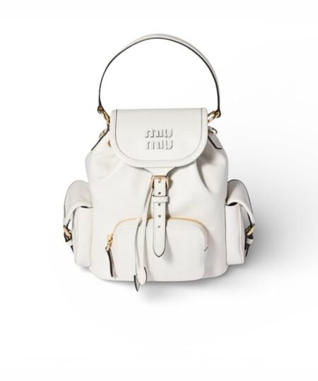 Miu Miu Leather Backpack Medium Bag White 22cm/8.7in – 5BZ043_2CRW_F0009_V_OOM