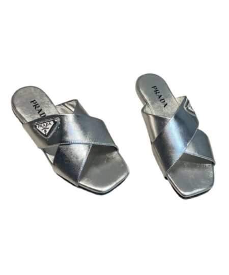 Prada Cross Straps Slides Silver For Women