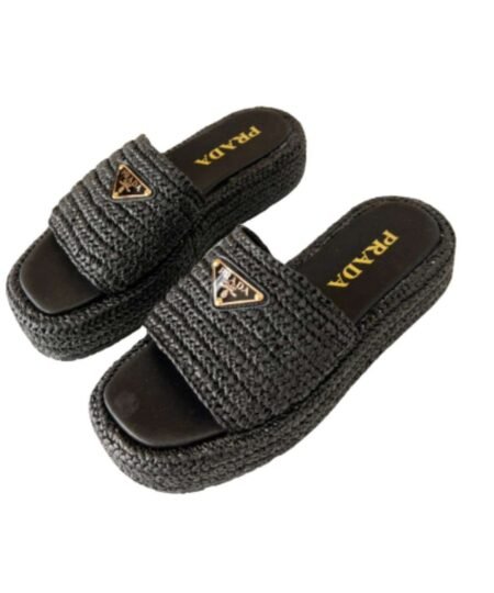 Prada Crochet Flatform Slides Black For Women