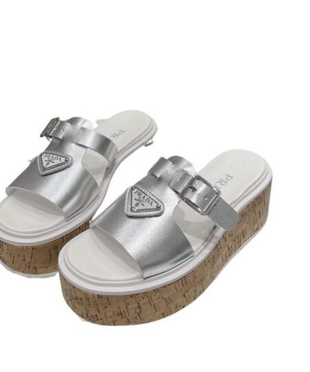 Prada Wedge Platform Sandals Sliver Tone For Women 2.9 in/ 7.5 cm