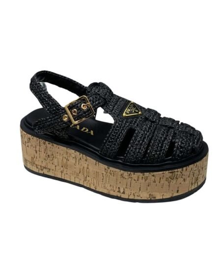 Prada Crochet Wedge Sandals Black For Women