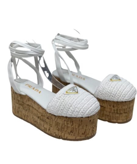 Prada Crochet Wedge Sandals White For Women