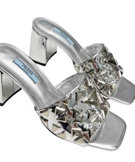 Prada Studded Metallic Mules Sliver Tone For Women 2.6 in/ 6.5cm