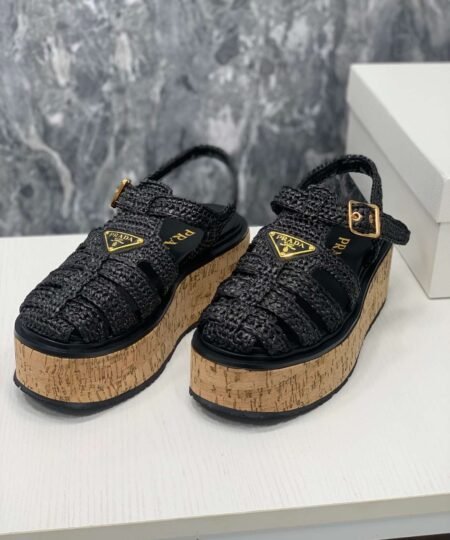 Alternative view of Prada Crochet Wedge Sandals Black For Women