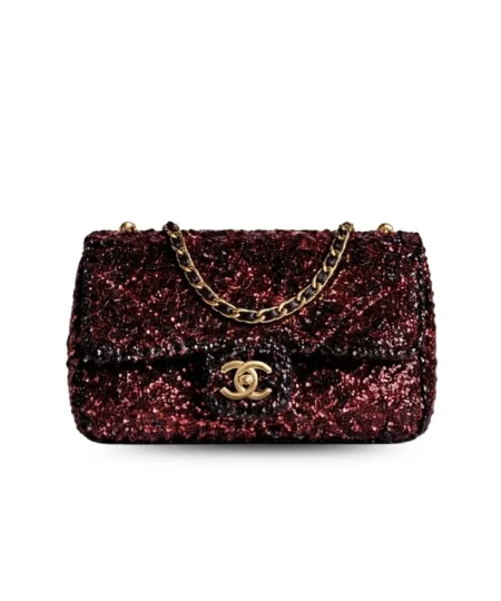 Chanel Classic Mini Flap Bag Sequin Burgundy For Women 20cm/7.9in