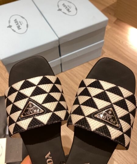 Prada Embroidered Fabric Slides Black/White For Women 0.4in/10mm PRD