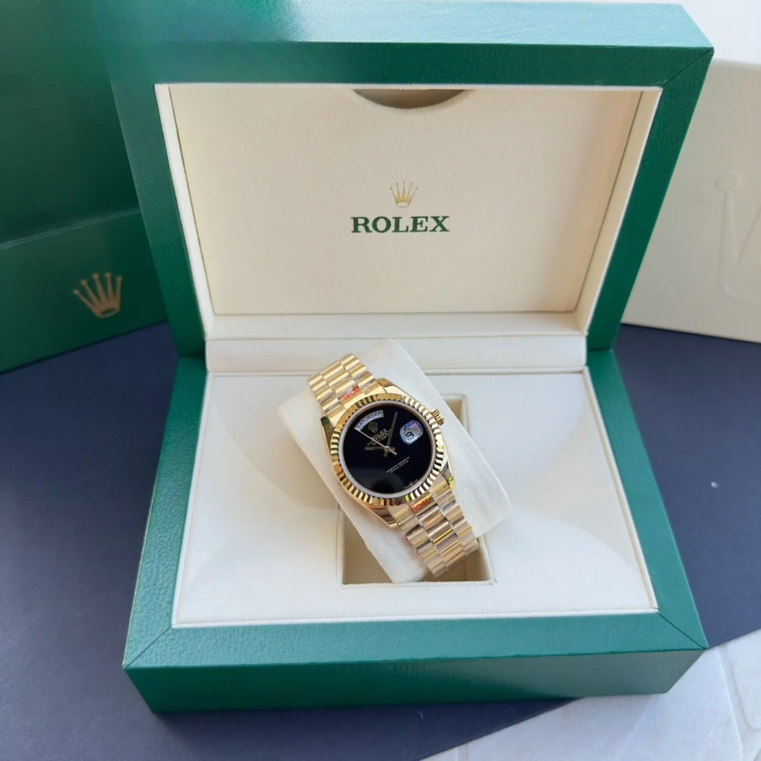 Rolex Day Date Watch Yellow Gold Black Dial 36mm For Women - Image 2