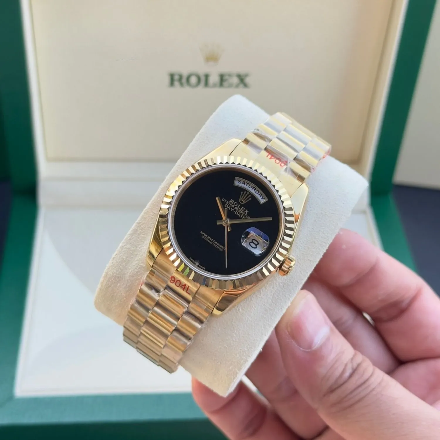 Rolex Day Date Watch Yellow Gold Black Dial 36mm For Women - Image 4