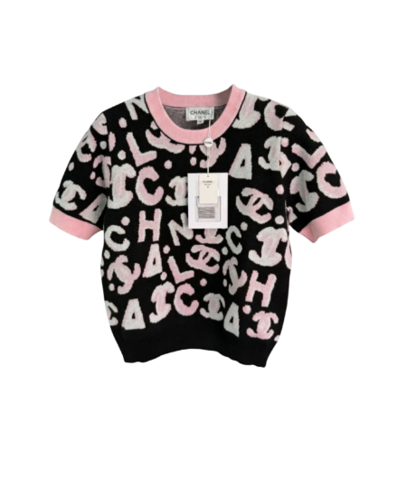 Chanel Intarsia Logo Short-Sleeve Top Black/ Pink For Women