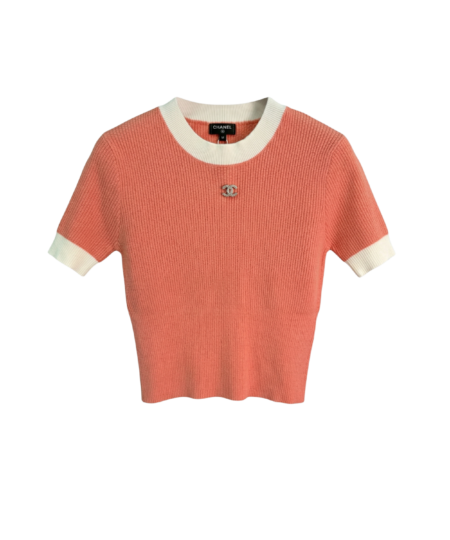 Chanel Ribbed Short Sleeve T-Shirt Coral For Women