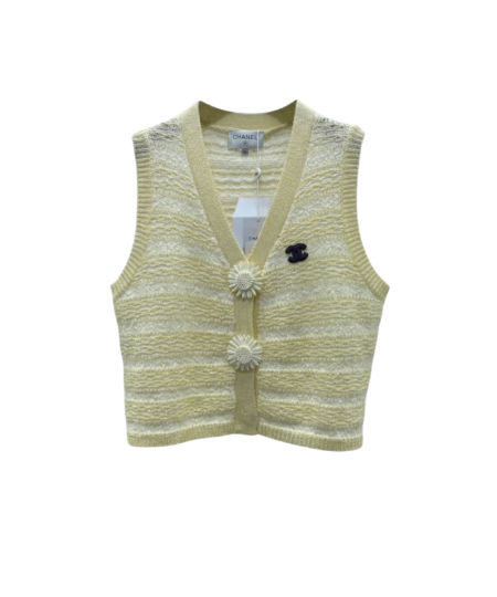Chanel Striped Pointelle Sleeveless Top With Camellia Buttons Light Yellow For Women