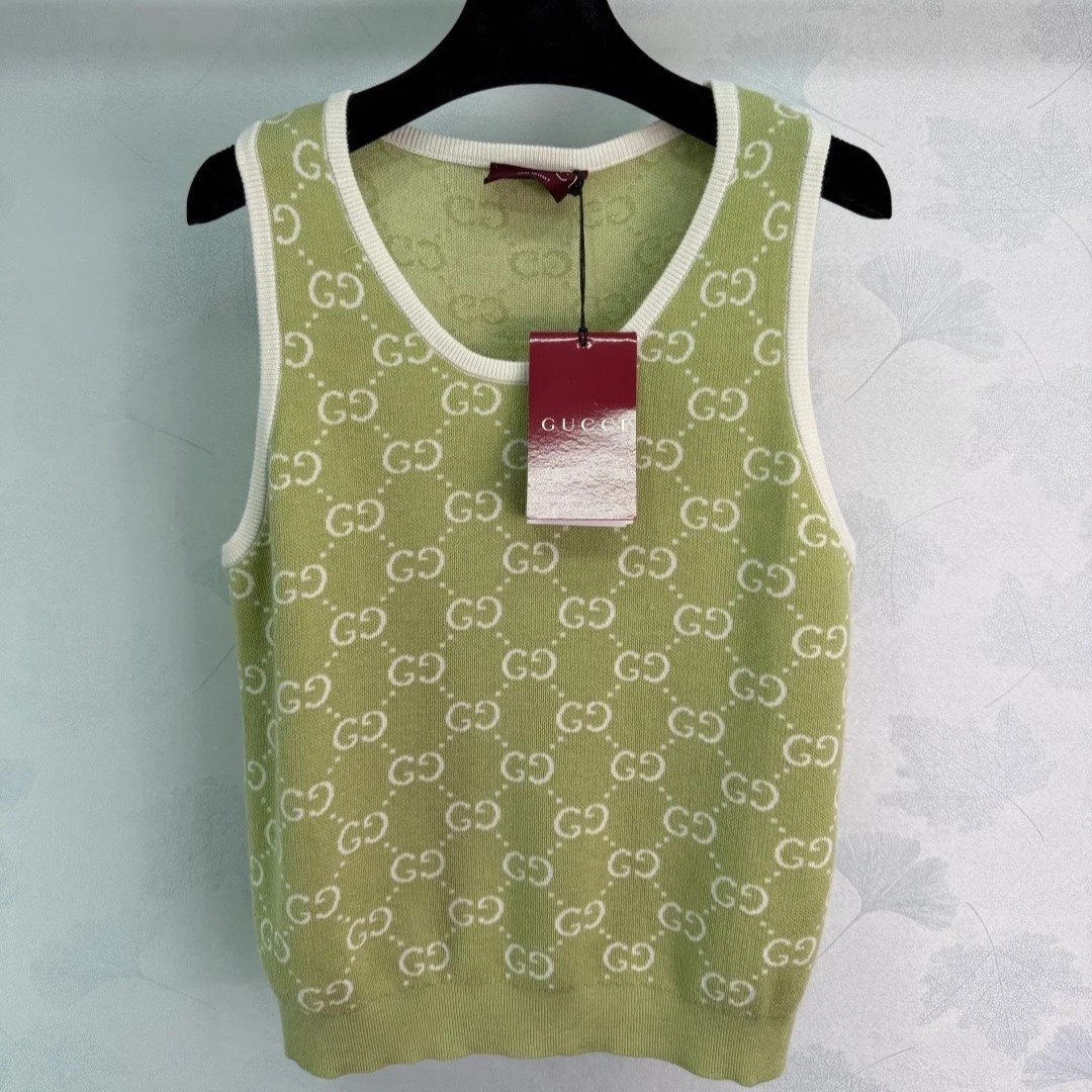 Gucci GG Monogram Sleeveless Top Sage Green For Women - Image 3
